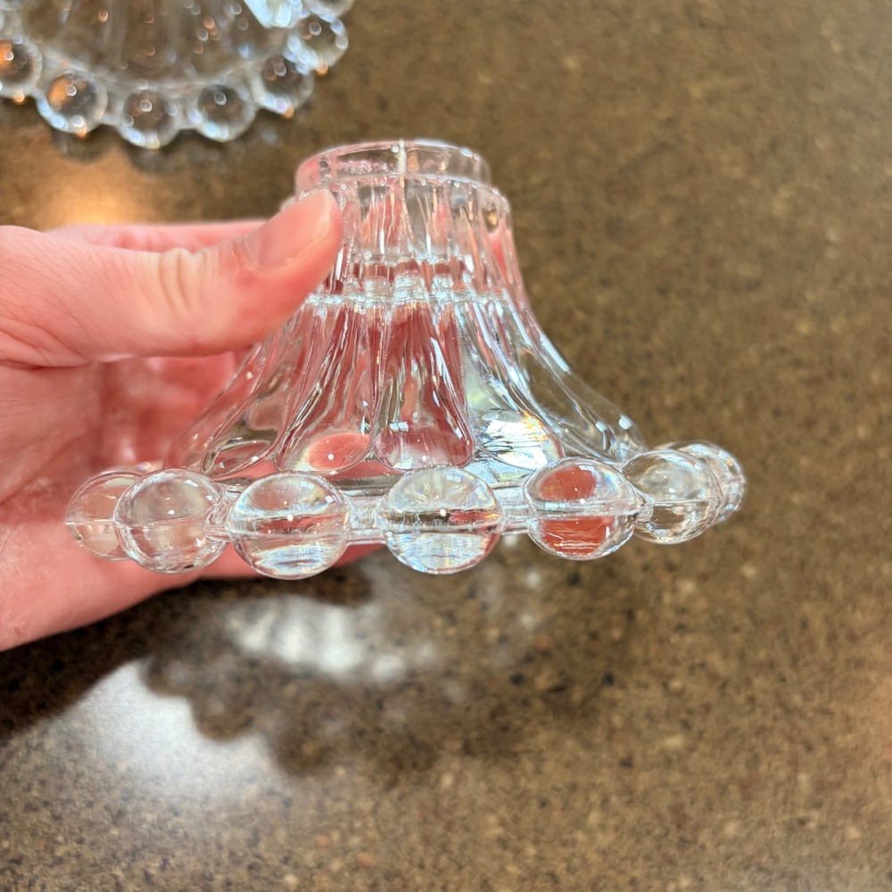 Clear Glass Candle Holders Set of 2 Beaded Edge Vintage MCM 4.5" - Picture 2 of 6